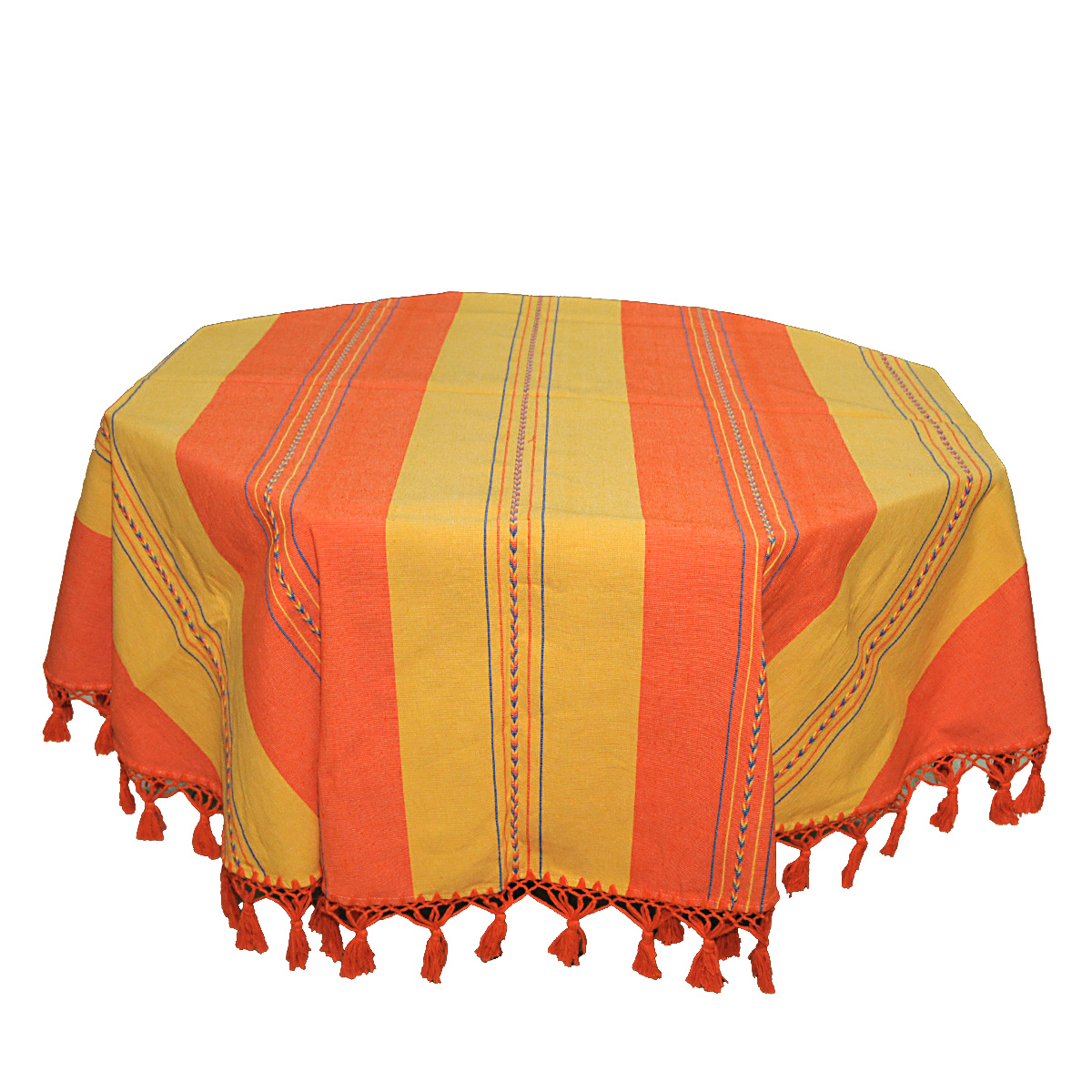 Mantel Redondo Color Naranja y Amarillo. 100 % algodón. Hecho a Mano.
